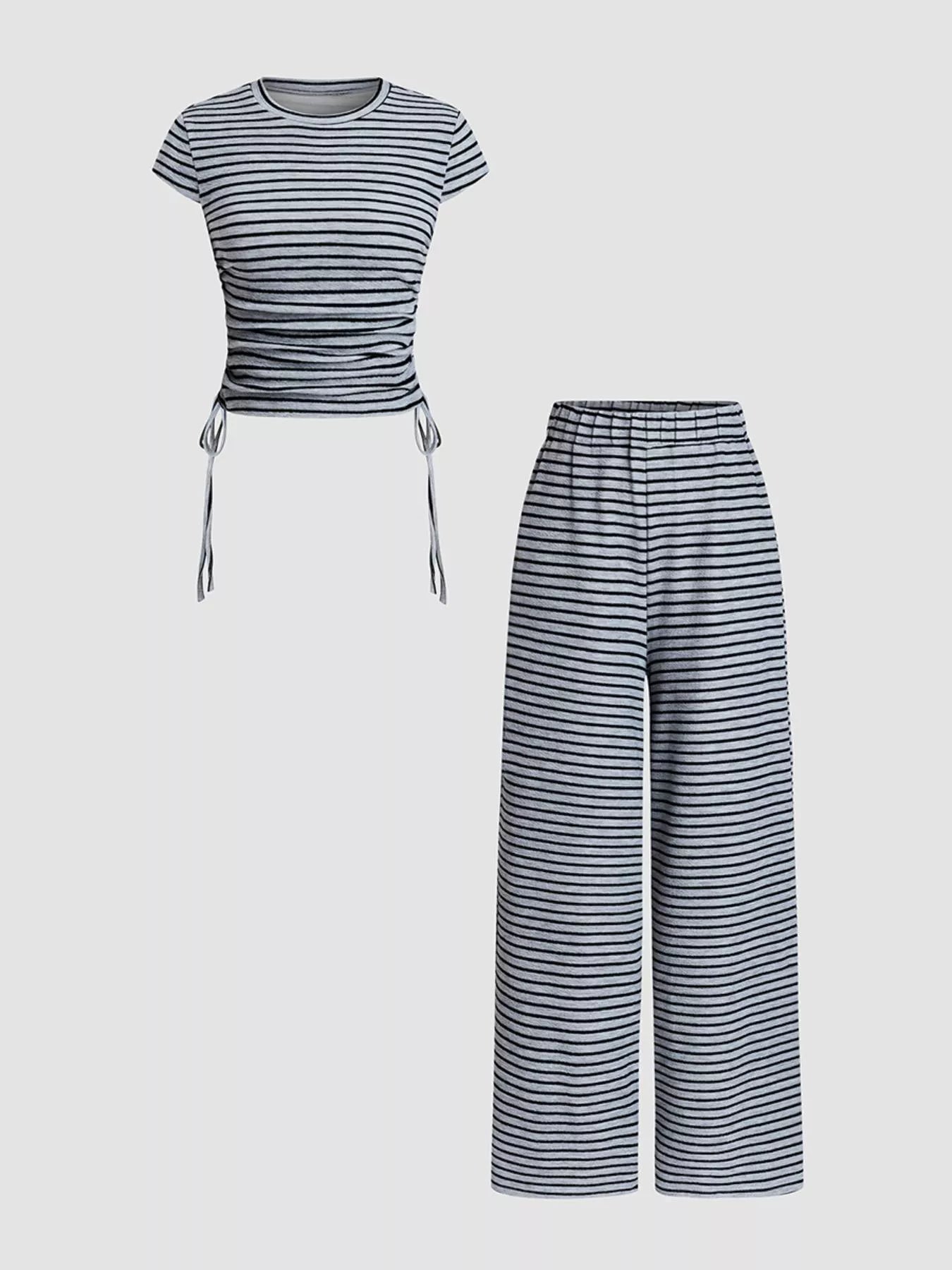 Striped crop top and wide-leg pants set by Trendsi, stylish dress with bold horizontal stripe pattern and relaxed fit.