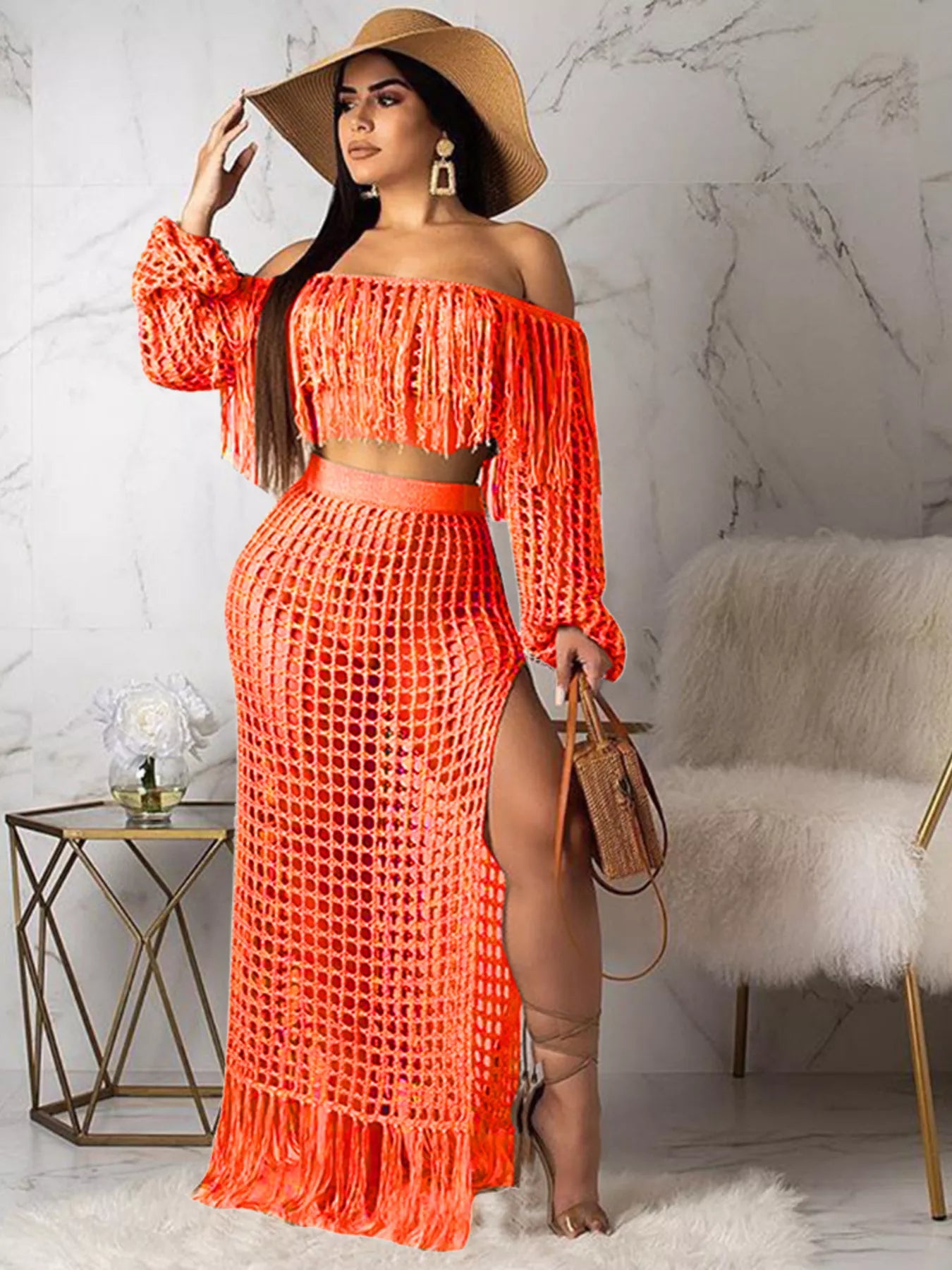 Full size crochet off-shoulder fringe top and skirt set by Shopimist, plus size, featuring intricate crochet details and flowing fringe.