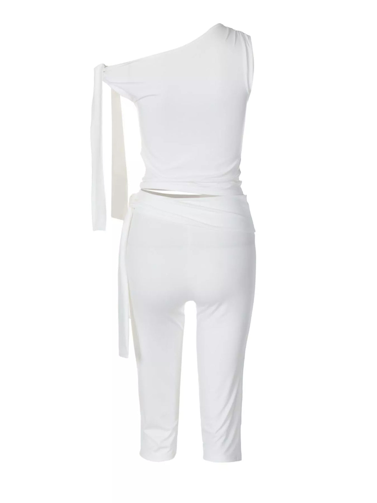 Tied one shoulder top and capris set by Plush Fashion Hub, featuring a stylish off-shoulder design and matching capri pants.