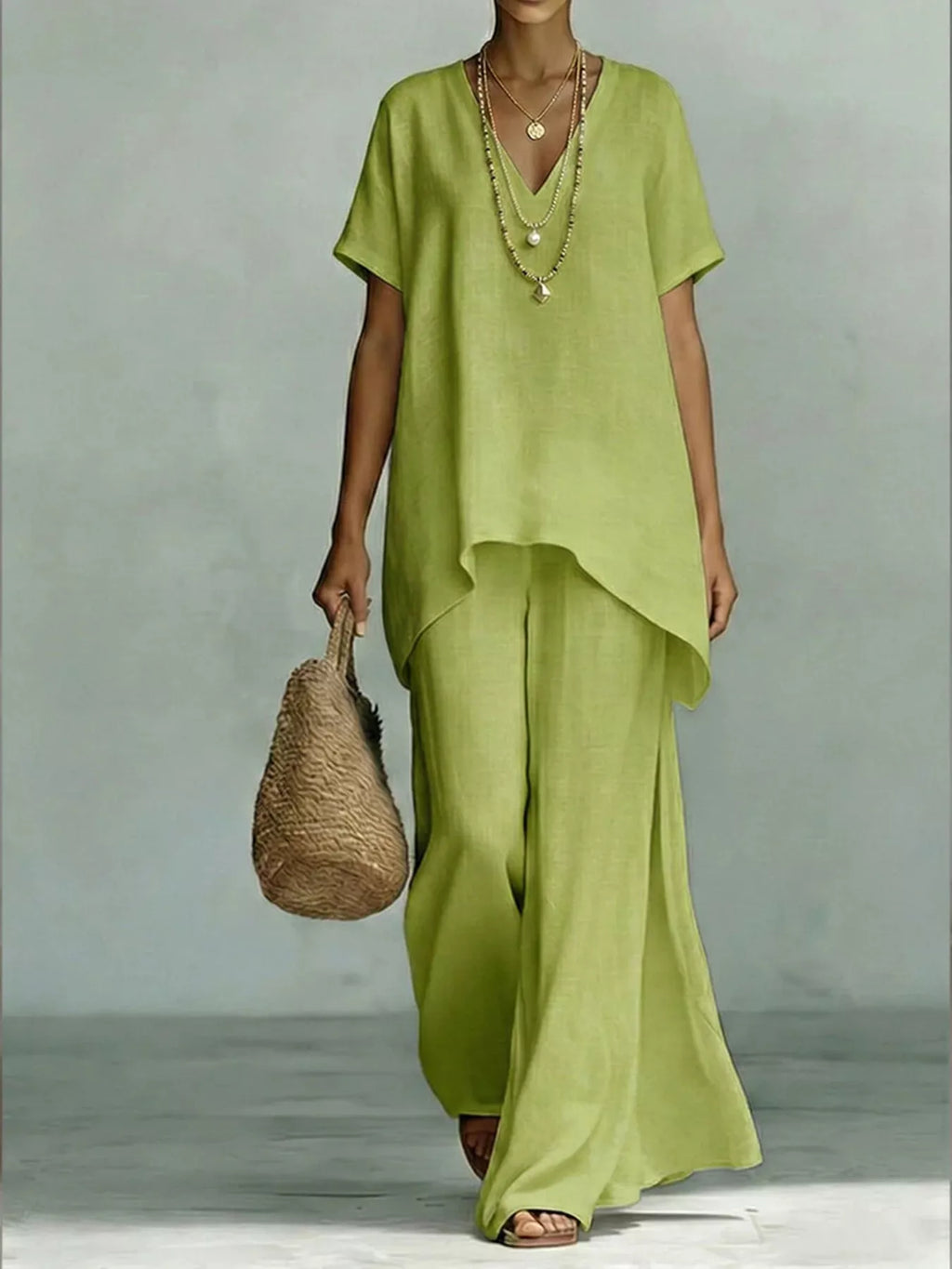 Plus size Shopimist two-piece set with a V-neck top and wide-leg pants, casual and comfortable for everyday wear.