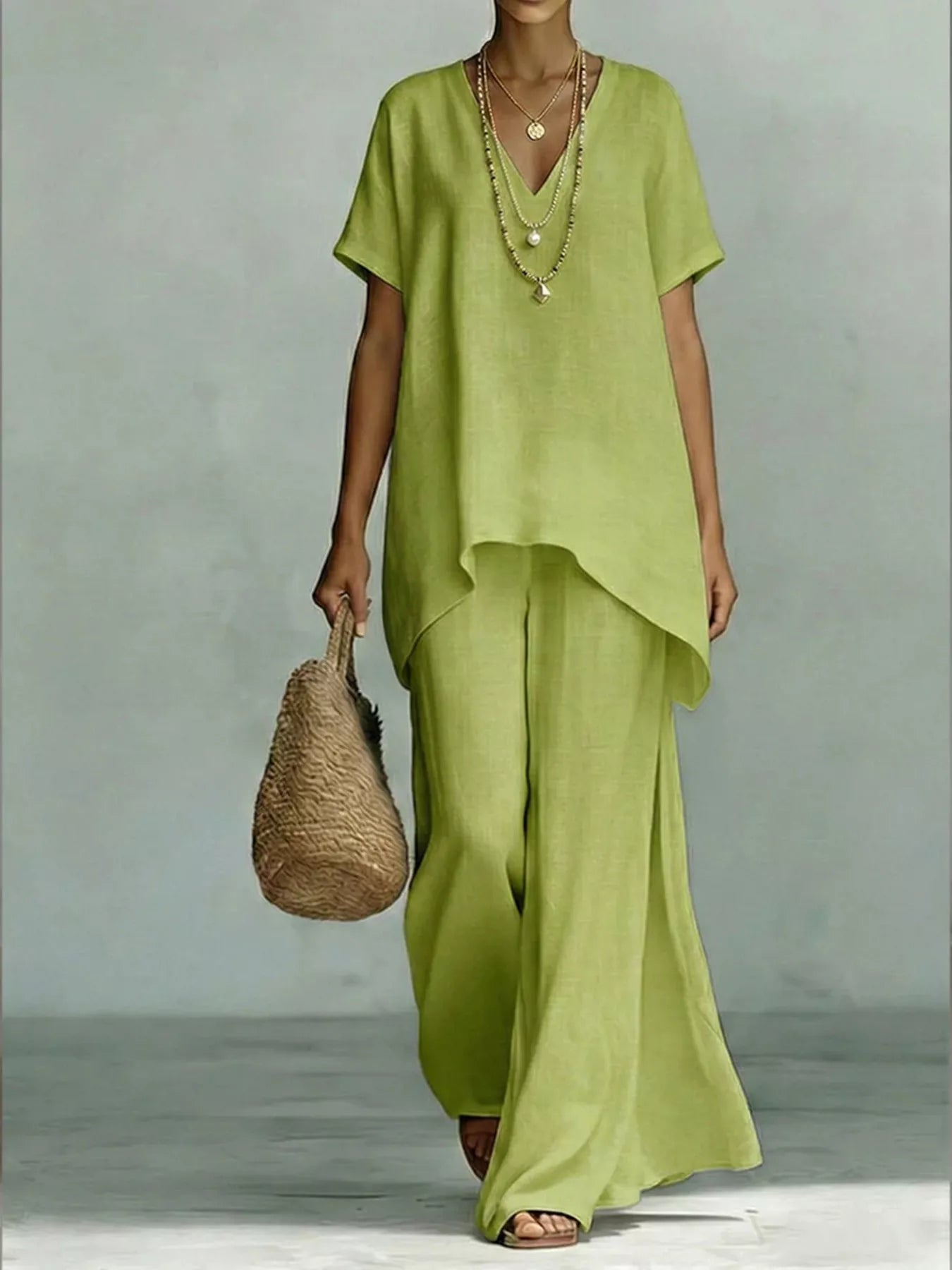 Plus size Shopimist two-piece set with a V-neck top and wide-leg pants, casual and comfortable for everyday wear.
