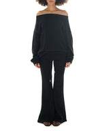 Shoulder Cut-Out Crop Top with Long Sleeve Matched with Flared Leg Wide-Leg Sweatpants