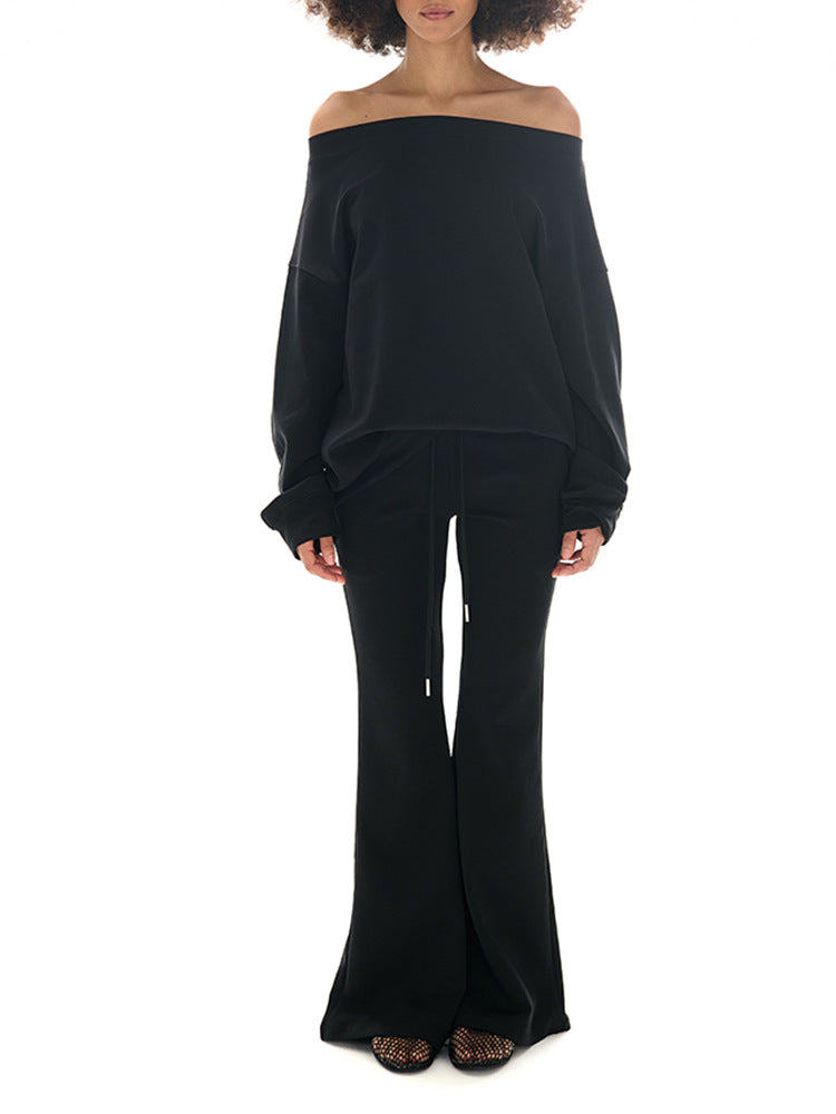Shoulder Cut-Out Crop Top with Long Sleeve Matched with Flared Leg Wide-Leg Sweatpants