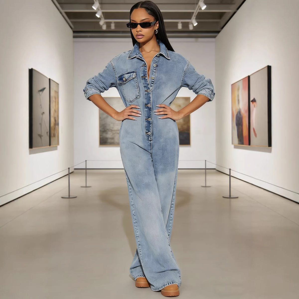 Women's long sleeve denim jumpsuit with button-front closure by Plush Fashion Hub, featuring a fitted waist and classic blue denim fabric.
