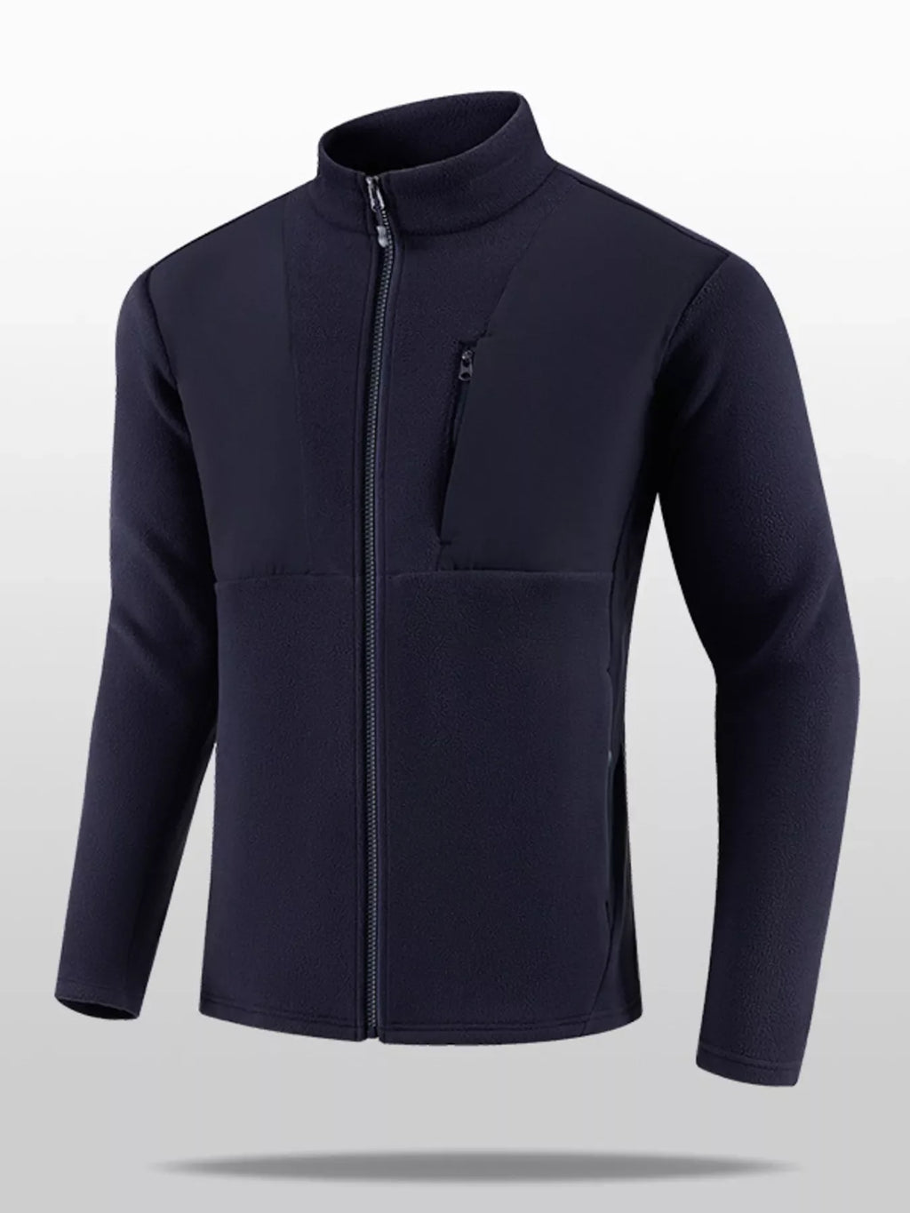 Plus size men's full-zip fleece jacket by Shopimist, showcasing a cozy, black fleece with a front zipper and stand collar.