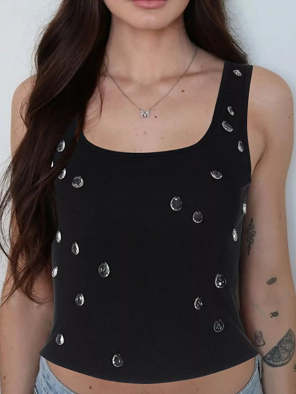 Bead-embellished square neck tank top by Shopimist, featuring stylish beaded details and a modern square neckline.