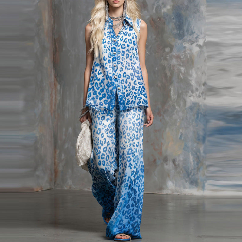 Leopard-print loose-fit sleeveless shirt and trousers two-piece casualwear set by Plush Fashion Hub, shown on a model.
