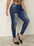 Distressed skinny denim jeans by Plush Fashion Hub featuring ripped details and a fitted silhouette.