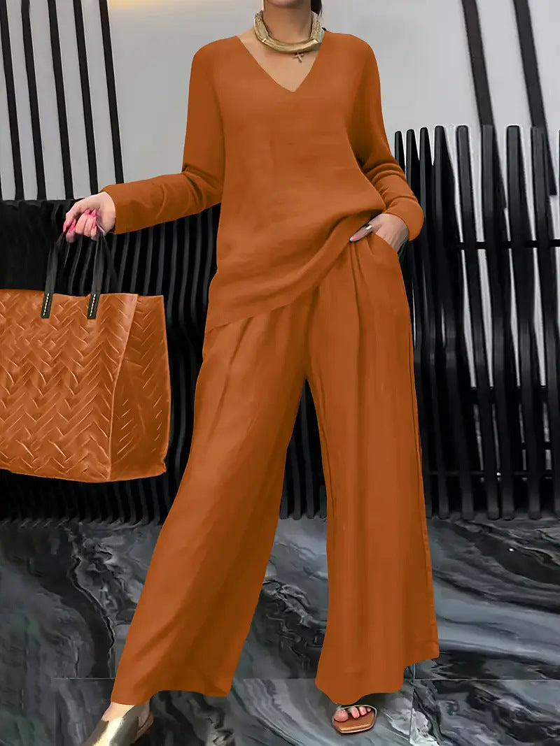 Plush Fashion Hub solid color long sleeve top and matching pants two-piece travel set, casual comfortable loungewear outfit