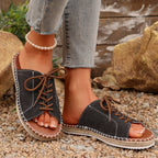 Women's lace-up open toe flat sandals in faux leather with a stylish design, perfect for casual summer wear.