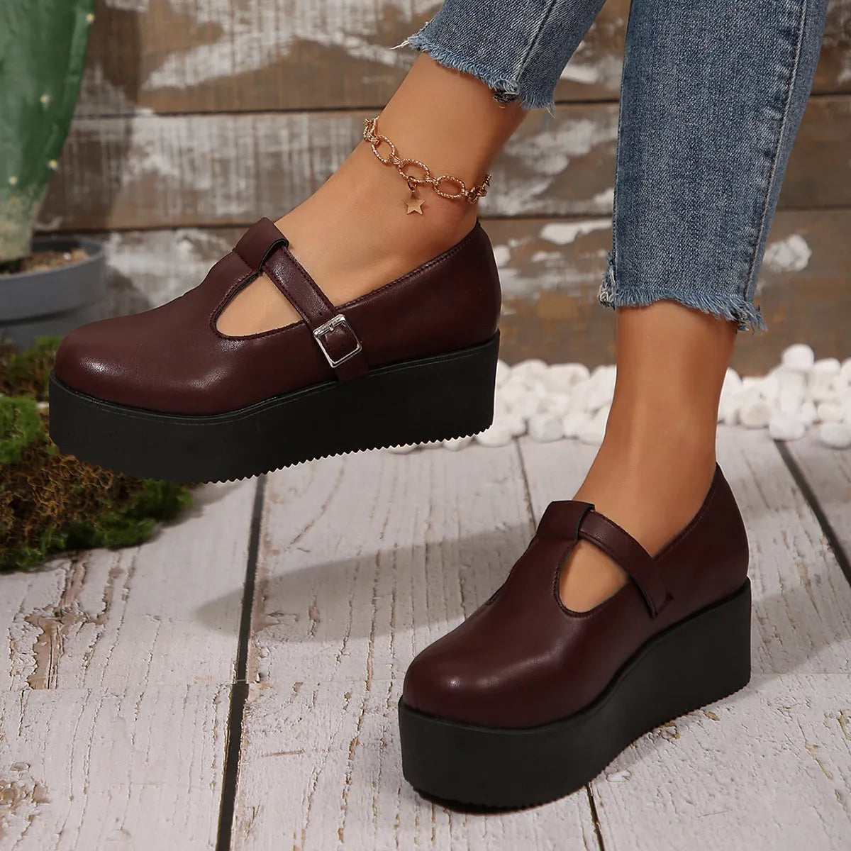 Women's round toe platform loafers by Trendsi, stylish slip-on shoes with chunky soles and classic design, perfect for casual or dressy wear.