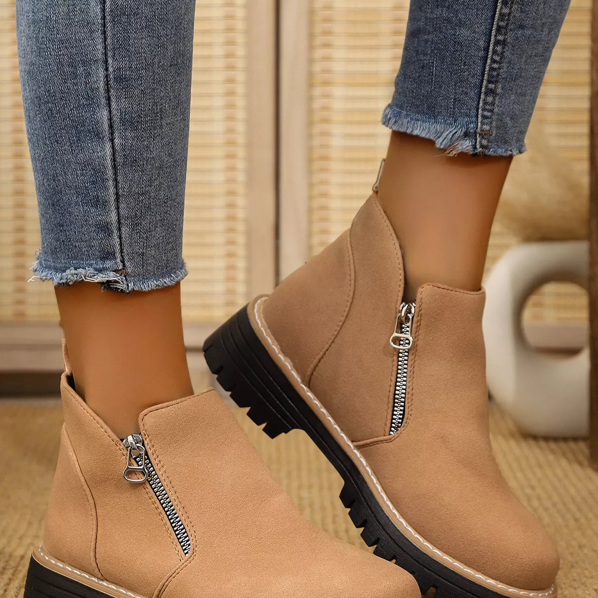 Trendsi ankle boots with zipper accent, stylish footwear featuring a sleek design and comfortable fit.