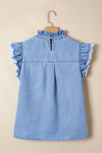 Women's distressed denim top with frilled collar and flutter sleeves, stylish and casual Trendsi women's fashion top.