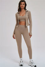 Fitglutes Activewear 3-piece set includes a zip jacket, cross-back sports bra, and leggings for workout and gym activities.