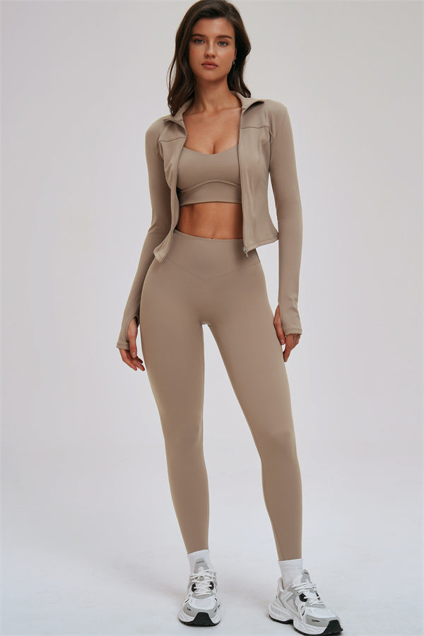 Fitglutes Activewear 3-piece set includes a zip jacket, cross-back sports bra, and leggings for workout and gym activities.