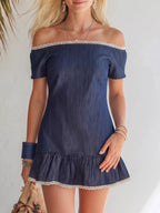 Lace detail off-shoulder mini dress by Shopimist featuring delicate lace accents and a stylish off-the-shoulder design.