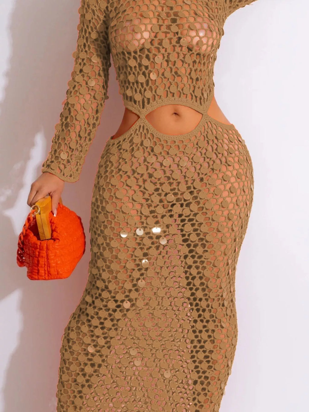 Shopimist sequin mesh cutout maxi dress featuring shimmering sequins, mesh fabric with stylish cutouts, elegant evening wear.