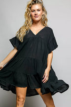Shopimist POL ruffle shirred V-neck cotton dress with short sleeves, featuring a feminine ruffle design and comfortable fit.