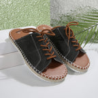 Women's lace-up open toe flat sandals in faux leather, trendy and comfortable shoe by Trendsi, shown in a stylish design.