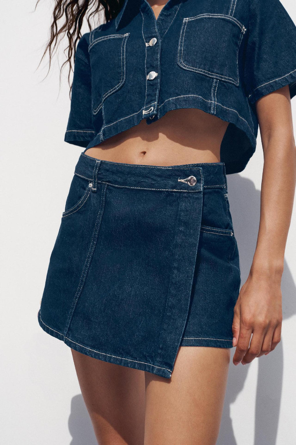 Women's loose denim shirt-dress and pants two-piece set by FitiqueFit, featuring casual cotton fabric and relaxed fit.
