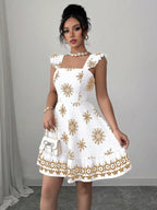 Printed bow-back square neck mini dress from Shopimist, showcasing the dress’s square neckline and bow detail at the back.