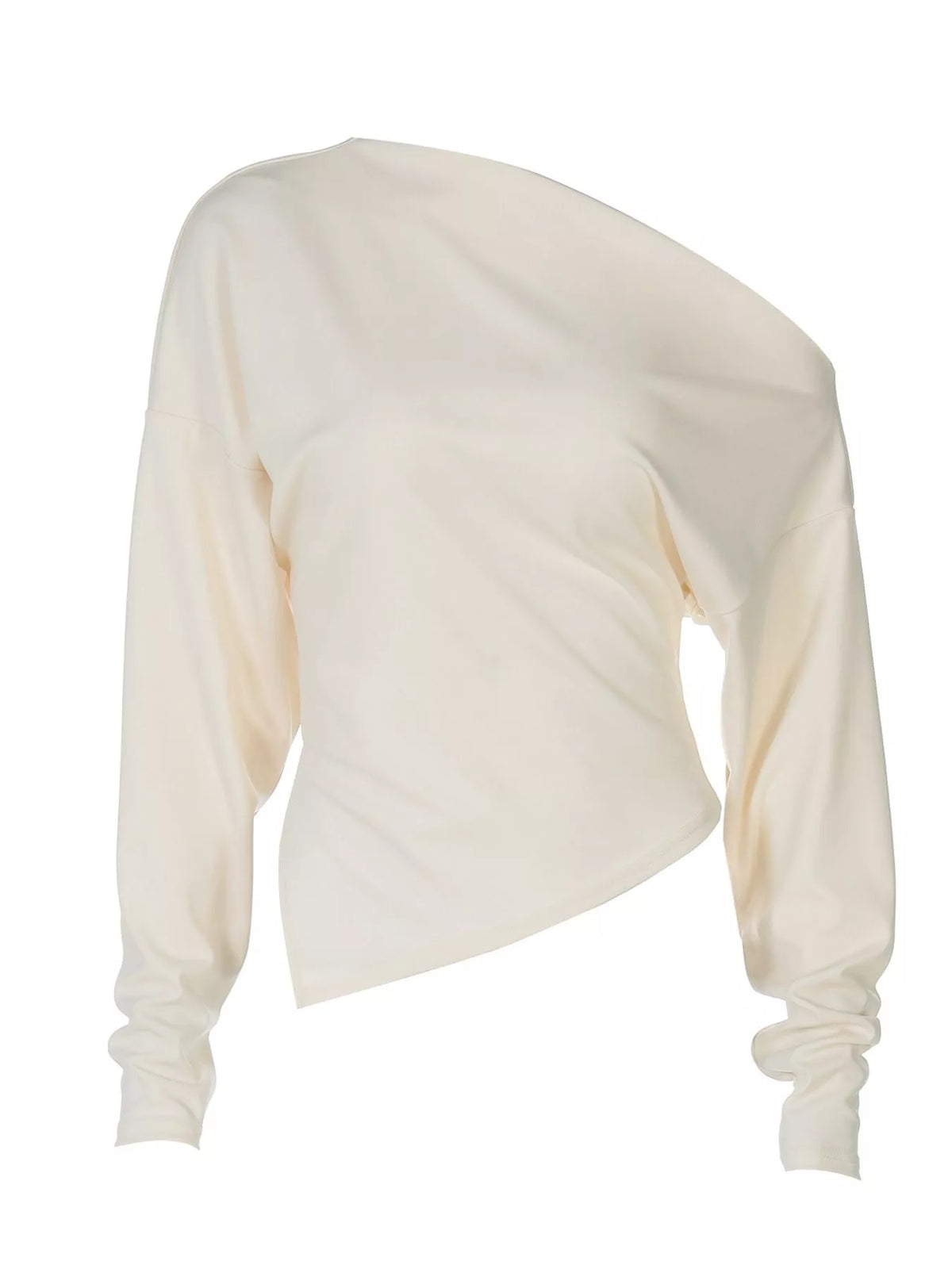 Asymmetrical off-shoulder long sleeve T-shirt by Plush Fashion Hub showcasing a stylish, modern design with unique shoulder details.