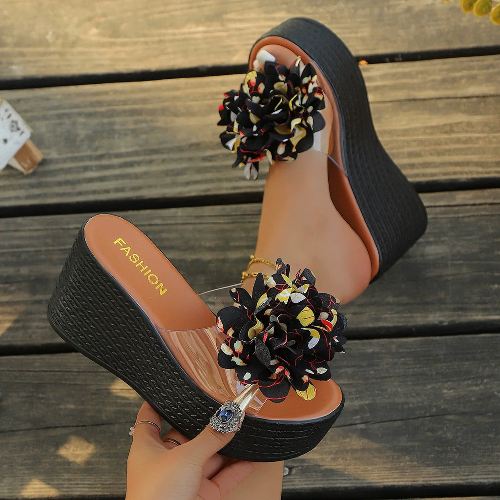 Shopimist floral decor platform wedge sandals with colorful flower accents and comfortable wedge heel, perfect for summer wear.