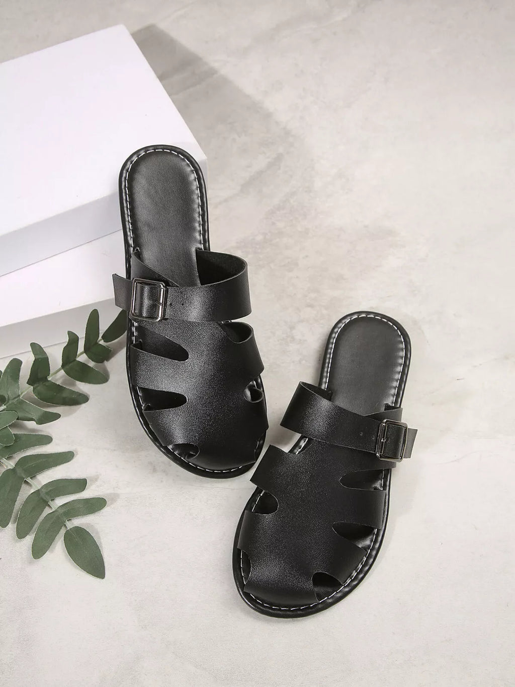 Shopimist comfortable slip-on leather sandals with adjustable buckle, featuring a stylish design and cushioned footbed.