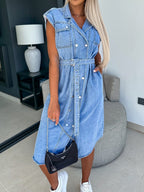 VYSN denim dress with collared neck, cap sleeves, and button front, styled for casual fashion.