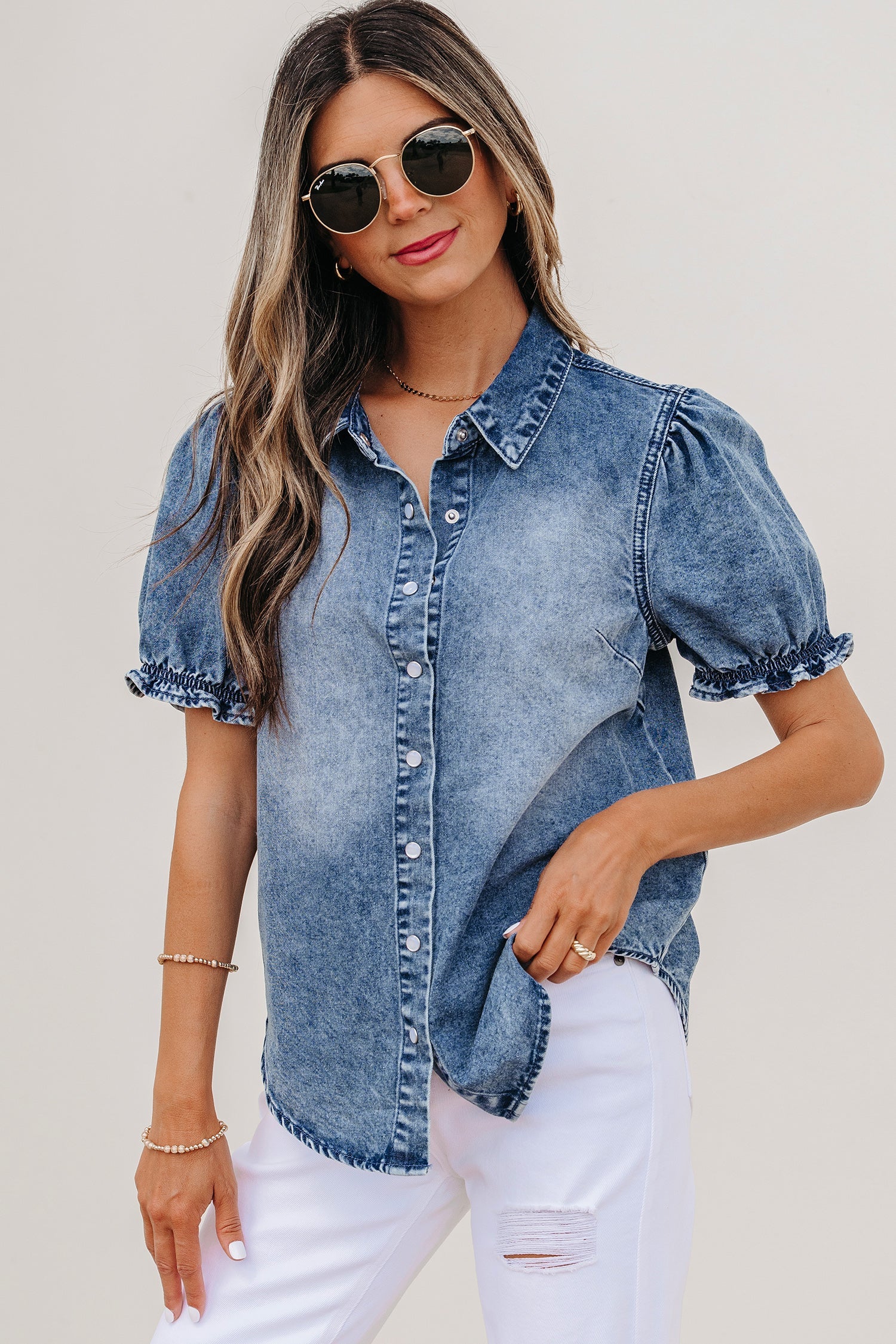 Ariana short sleeve snap shirt by Threaded Pear, featuring a stylish blouse with snap buttons and short sleeves.