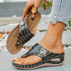 Shopimist toe post wedge sandals with beige straps and cork wedge heel, perfect for casual summer wear.
