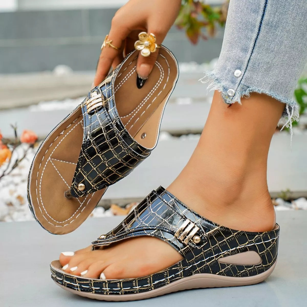 Shopimist toe post wedge sandals with beige straps and cork wedge heel, perfect for casual summer wear.