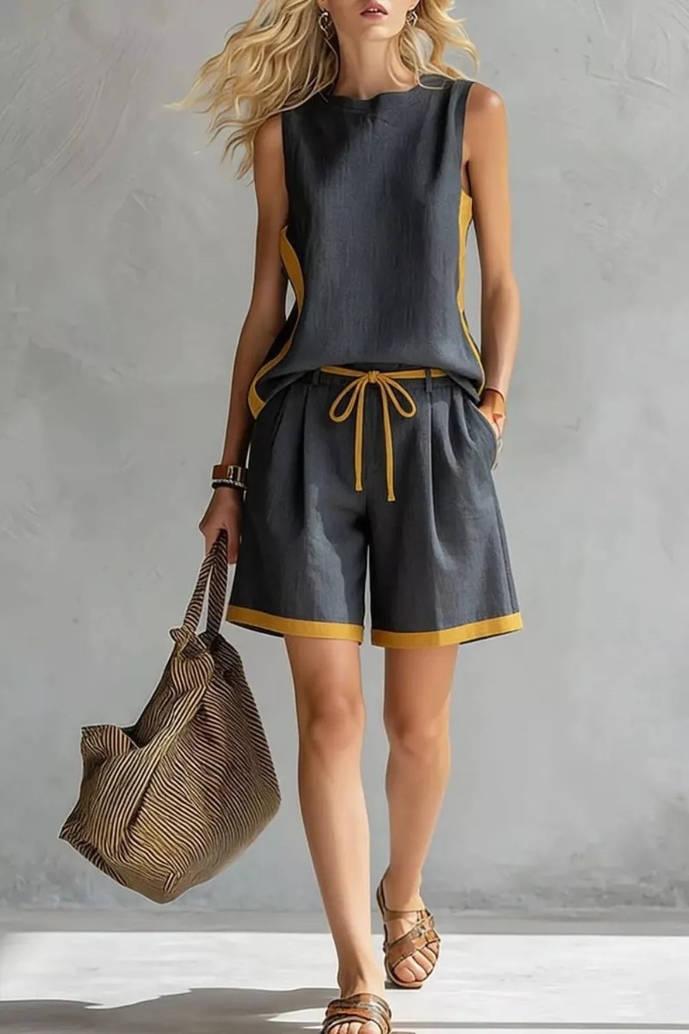 Contrast trim sleeveless tank top and matching shorts loungewear set from Trendsi, featuring relaxed fit and comfortable fabric.