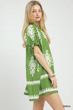 Women's two-tone border print flowy mini dress by Plush Fashion Hub, featuring casual boho style perfect for summer.