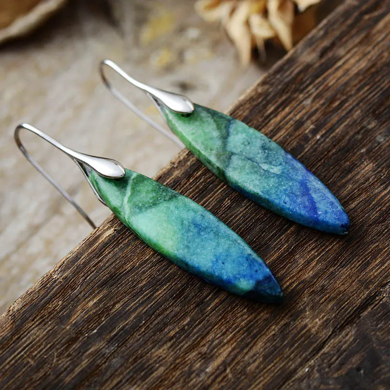 Copper natural stone geometric shape earrings with modern design, featuring warm copper tones and sleek angular shapes.