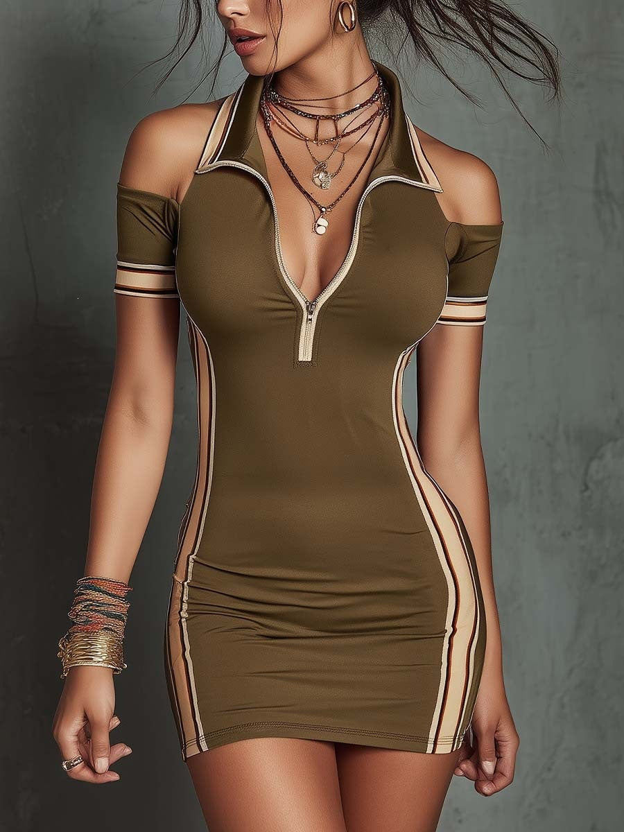 Women's high waist mini dress with contrast stripes, elastic fabric, and front zipper by FitiqueFit, perfect for stylish casual wear.