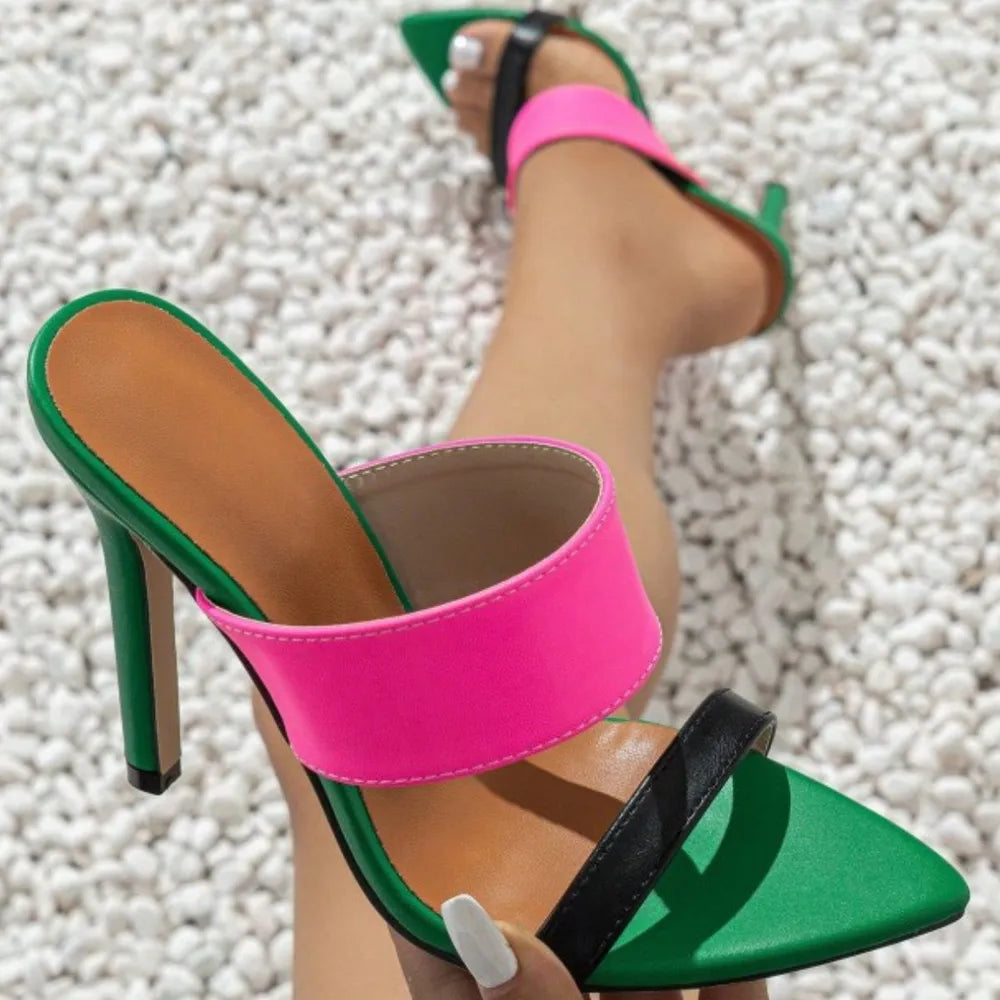 eprolo Elowen contrast open toe stiletto sandals with high heels and sleek design, featuring open toe and contrasting straps.