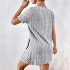 Women’s ribbed knit V-neck tee and shorts lounge set by Plush Fashion Hub, featuring a comfortable casualwear style.