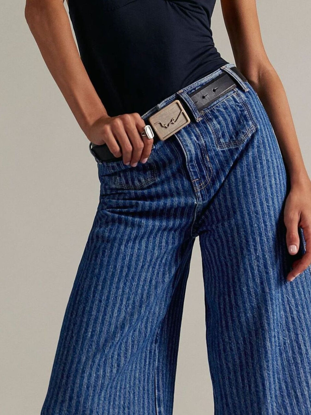 Plush Fashion Hub wide-leg cropped denim jeans featuring a relaxed fit, classic blue wash, and stylish design.