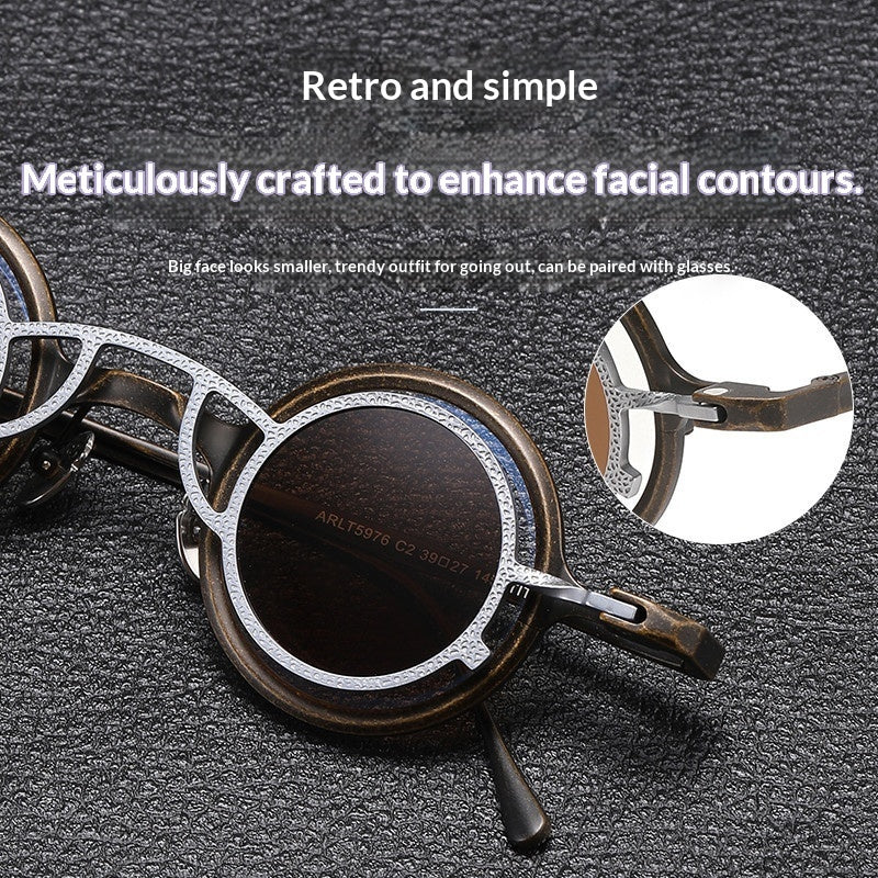 Pure titanium small round sunglasses by FitiqueFit with retro-inspired design and luxury style, showcasing a sleek, lightweight eyewear frame.