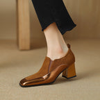 Women's retro cowhide square toe chunky heel slip-on pumps by FitiqueFit, featuring a stylish design and comfortable fit.