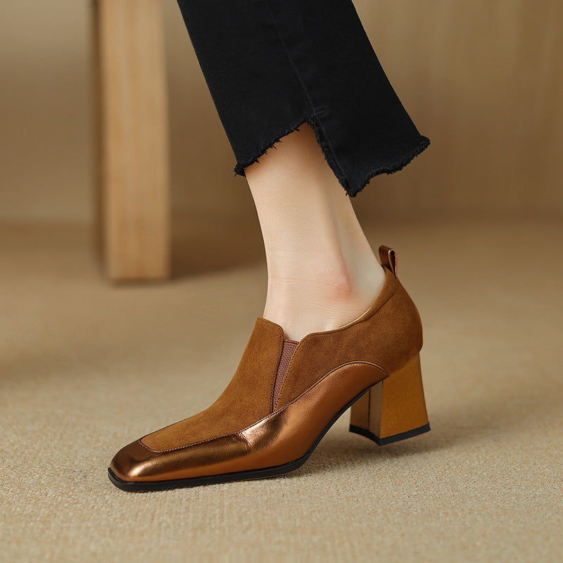 Women's retro cowhide square toe chunky heel slip-on pumps by FitiqueFit, featuring a stylish design and comfortable fit.
