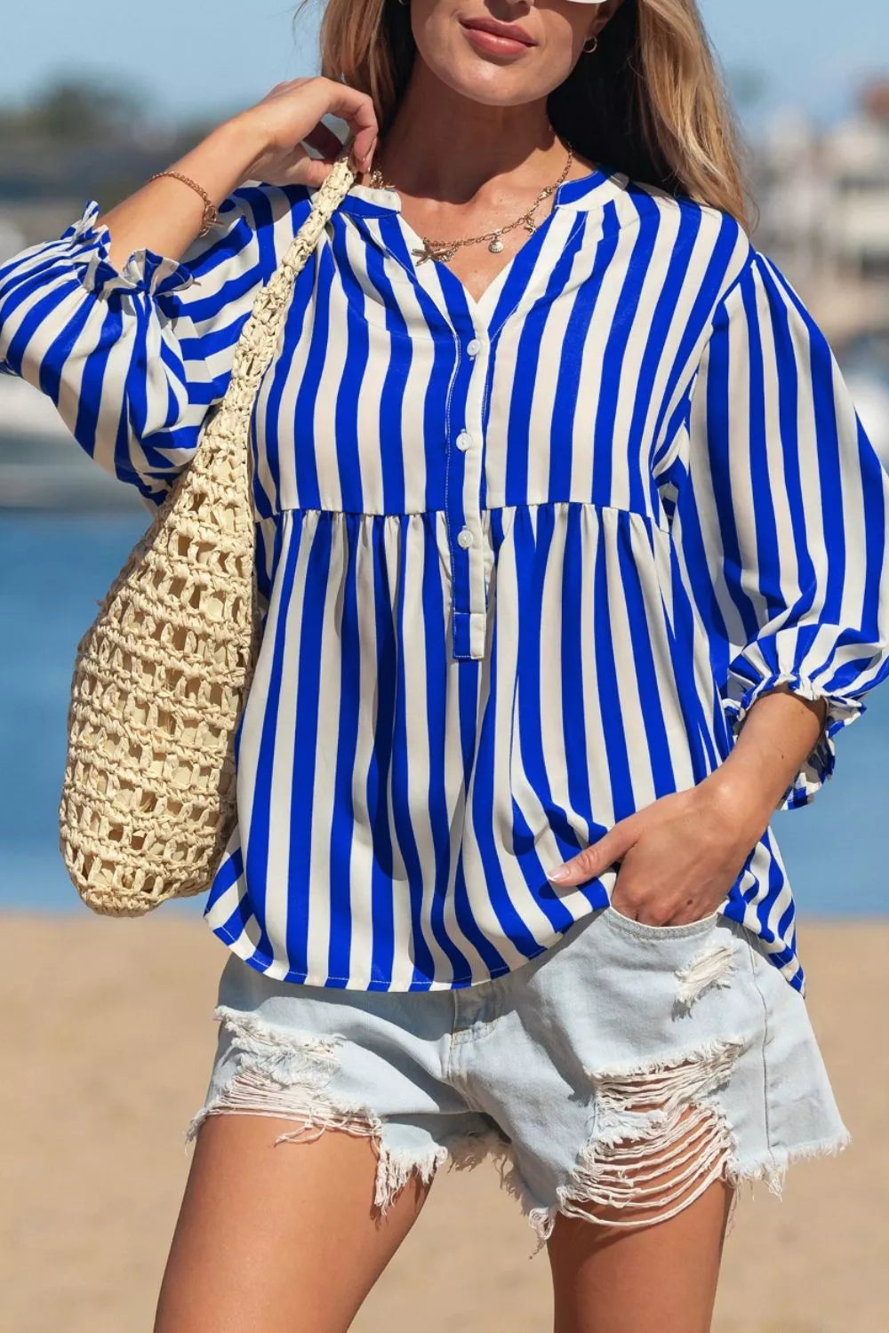 Plush Fashion Hub stripe balloon sleeve loose button-up shirt, stylish tops with relaxed fit and bold stripe pattern.