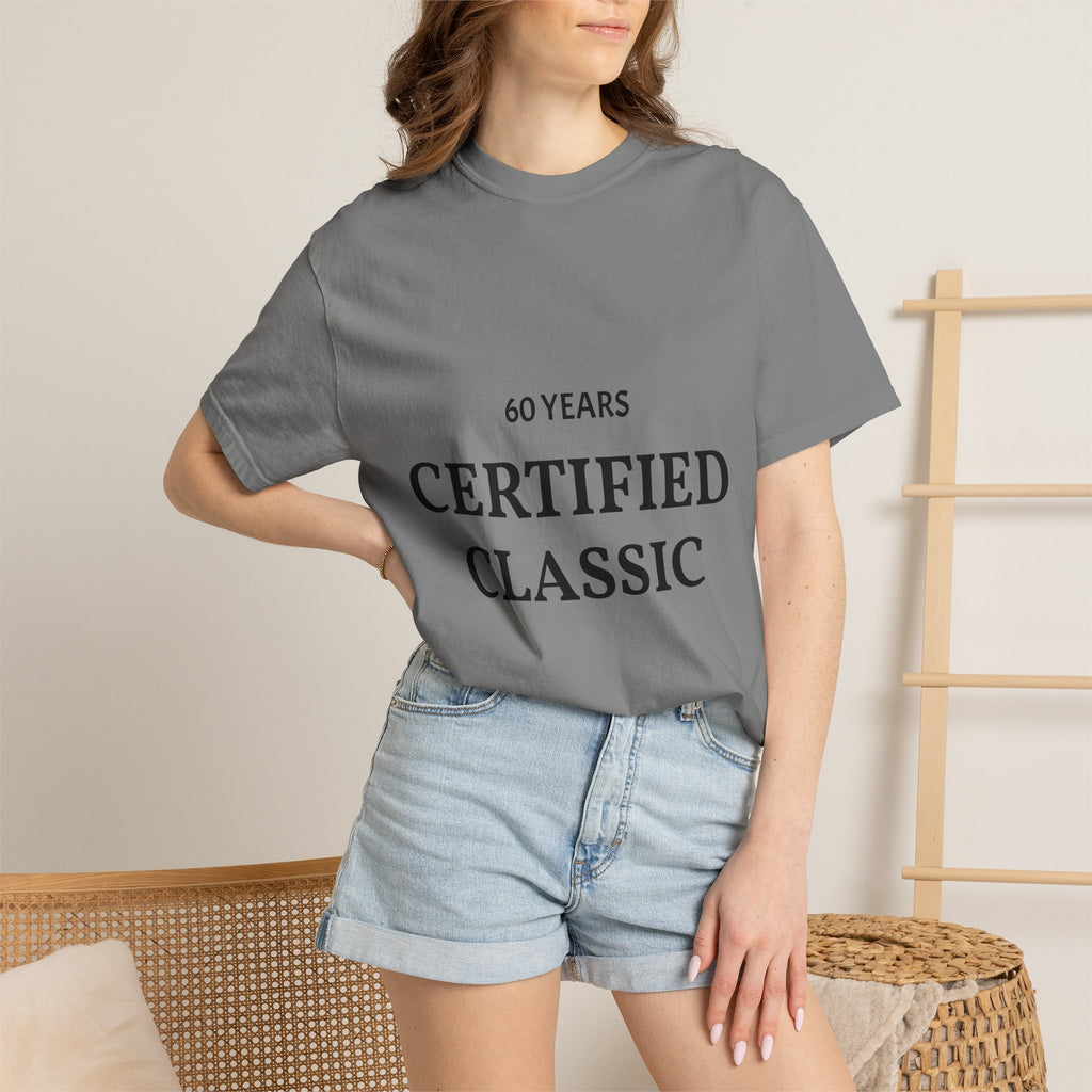 White Certified Classic 60 Years T-Shirt by Printify featuring printed text design on front, casual apparel for men or women.