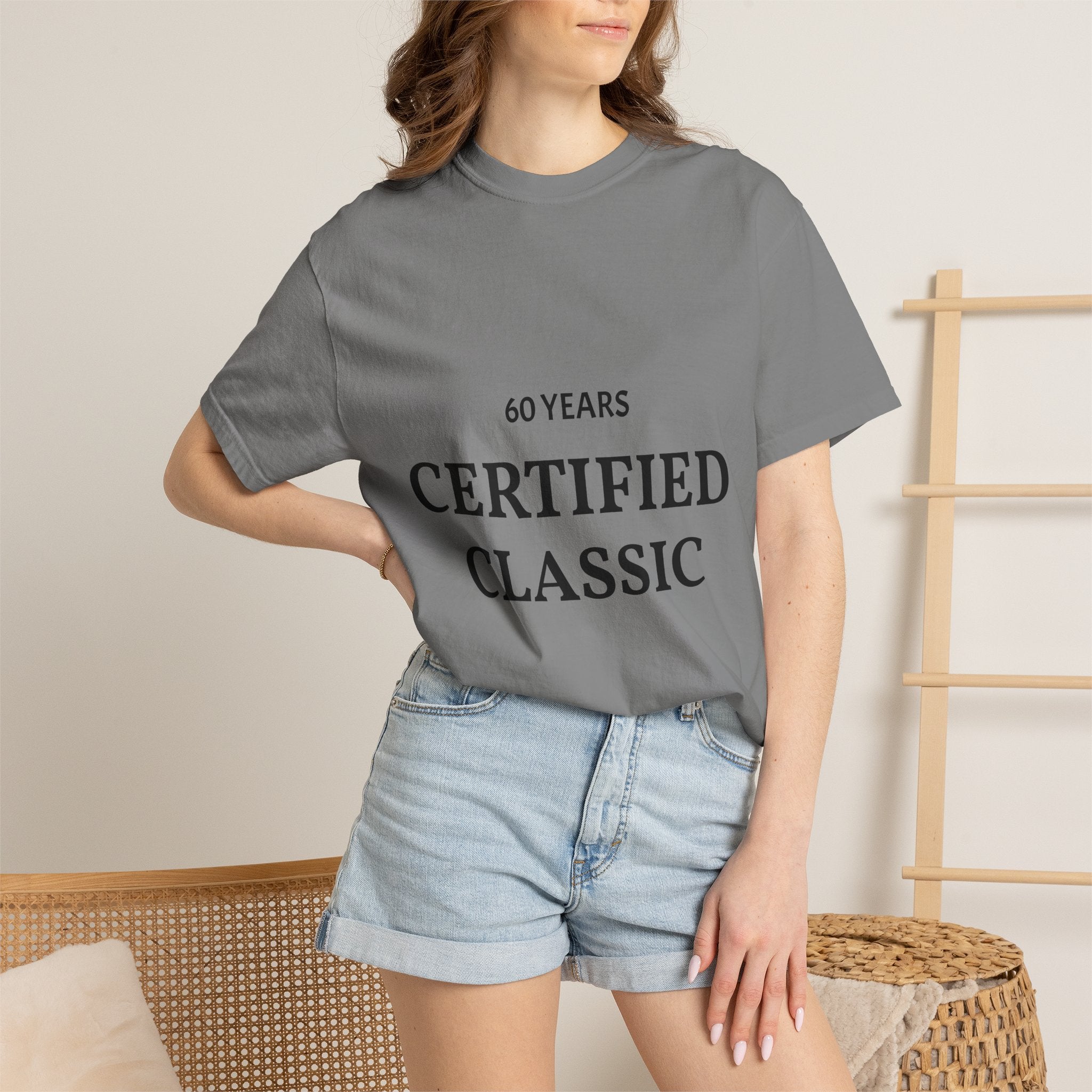 White Certified Classic 60 Years T-Shirt by Printify featuring printed text design on front, casual apparel for men or women.