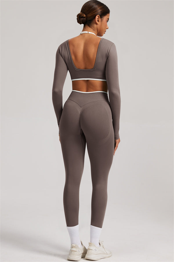 Fitglutes Activewear long sleeve crop top and leggings 2-piece set, navy blue gymwear for workout and activewear.