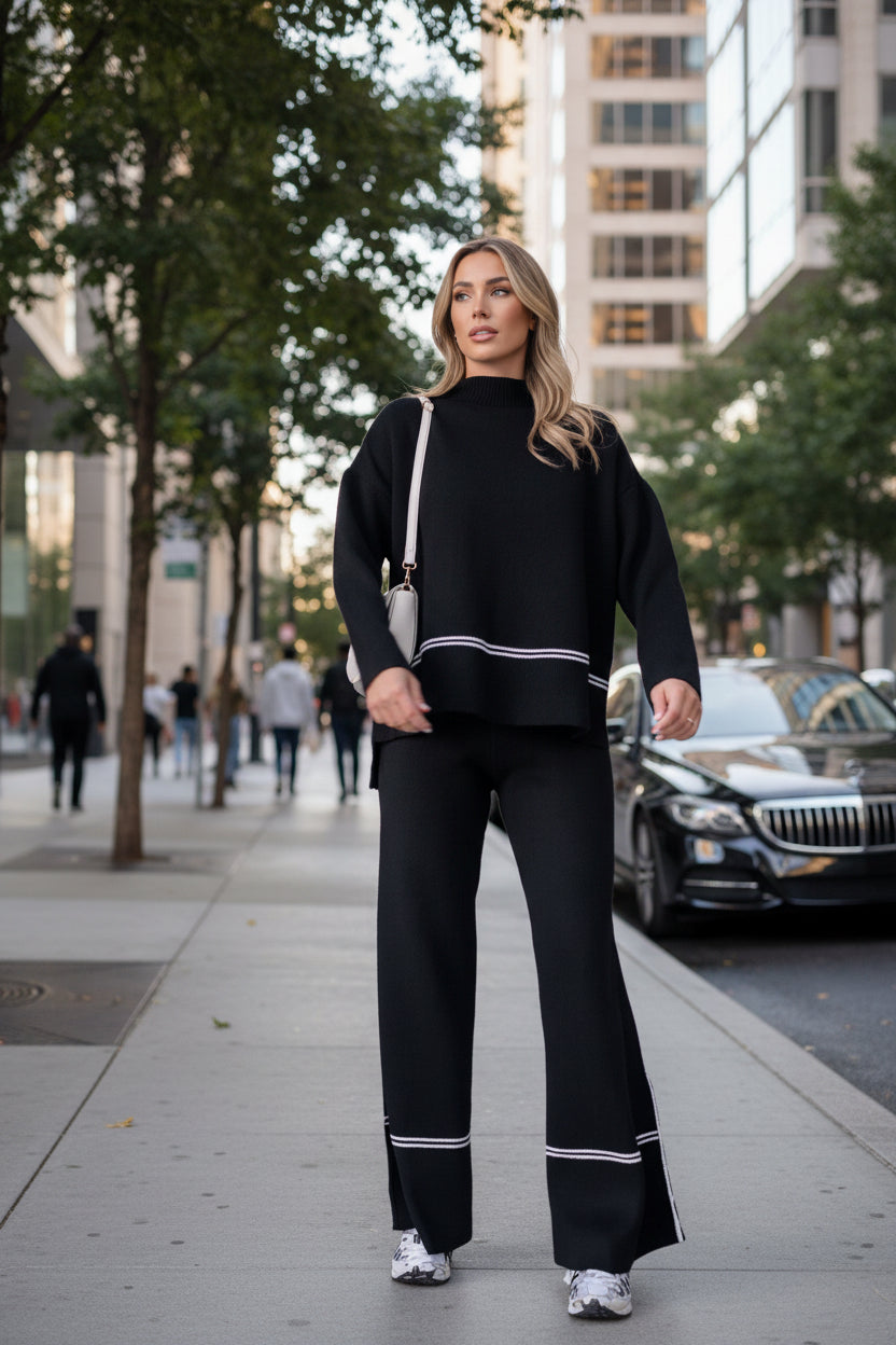 Women’s solid color casual two-piece set by FitiqueFit featuring a loose top and bootcut pants, perfect for relaxed everyday wear.
