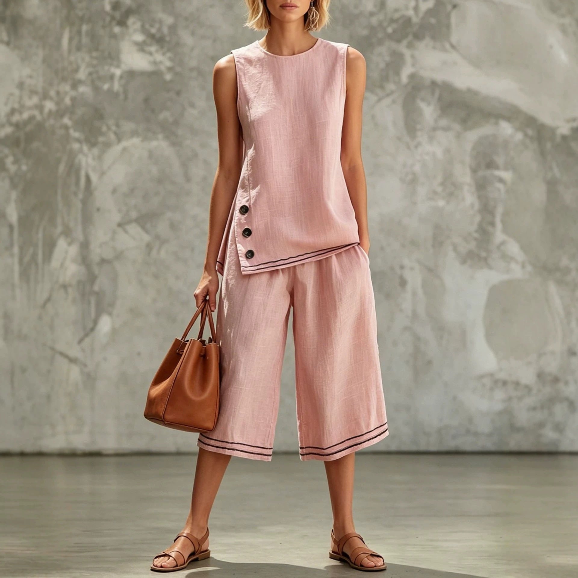 Women's tank top and wide-leg pants set by Plush Fashion Hub featuring side splits, pockets, and button details.