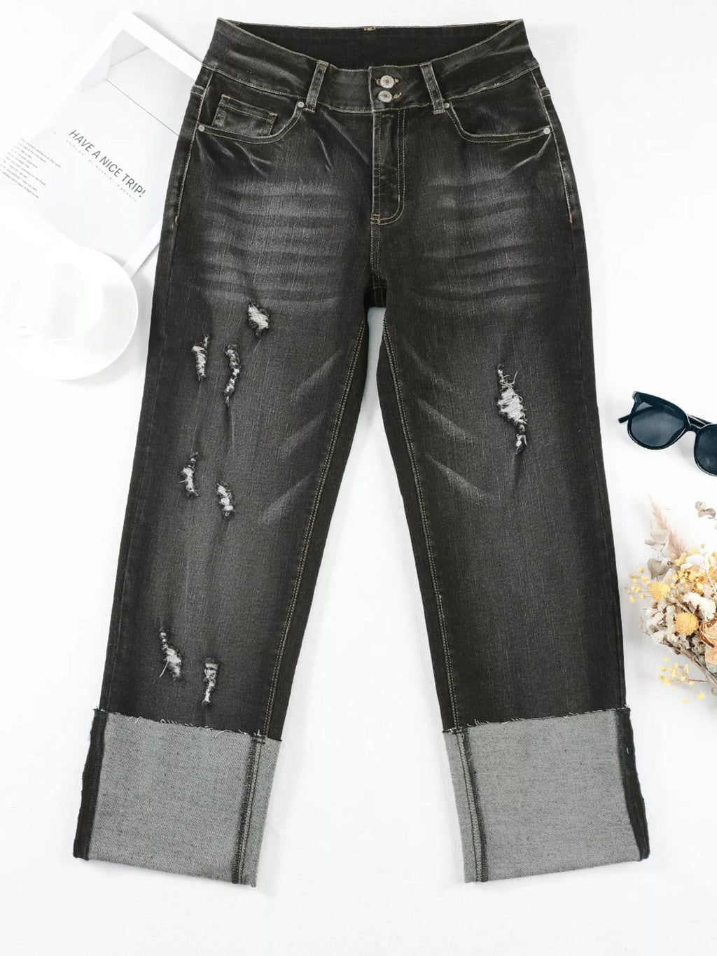 High waist distressed straight-leg jeans from Trendsi, featuring a classic denim look with ripped details and a high-rise fit.