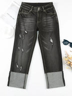 High waist distressed straight-leg jeans from Trendsi, featuring a classic denim look with ripped details and a high-rise fit.